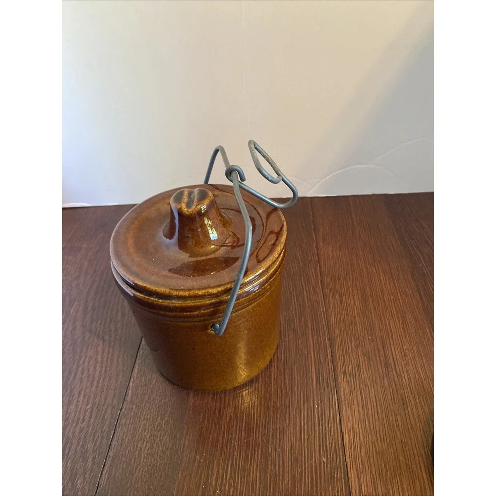 Vintage Cheese Crock with Locking Wire‎ Bail Lid Dark Brown Glaze Jar